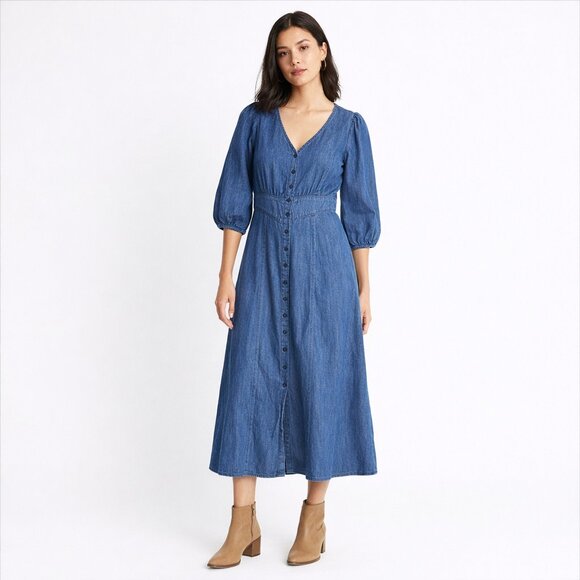 Madewell Denim Midi Dress Women’s 00 | 3/4 Sleeve Button Front - Picture 3 of 6